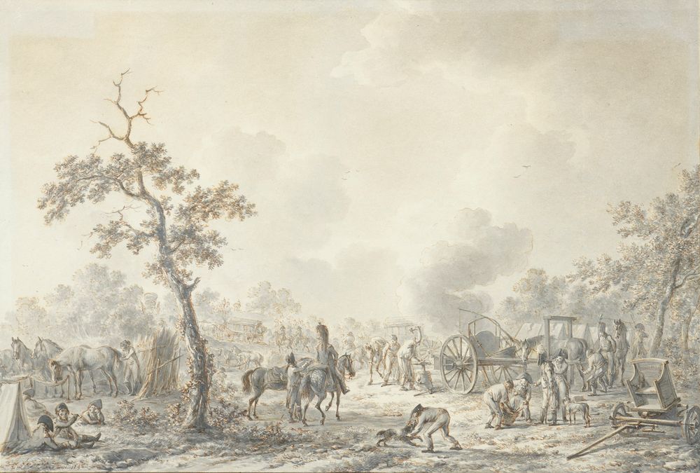 Null Dirk LANGENDYK (Rotterdam, 1748-1805). 

 Bivacco.

Penna e acquerello firm&hellip;