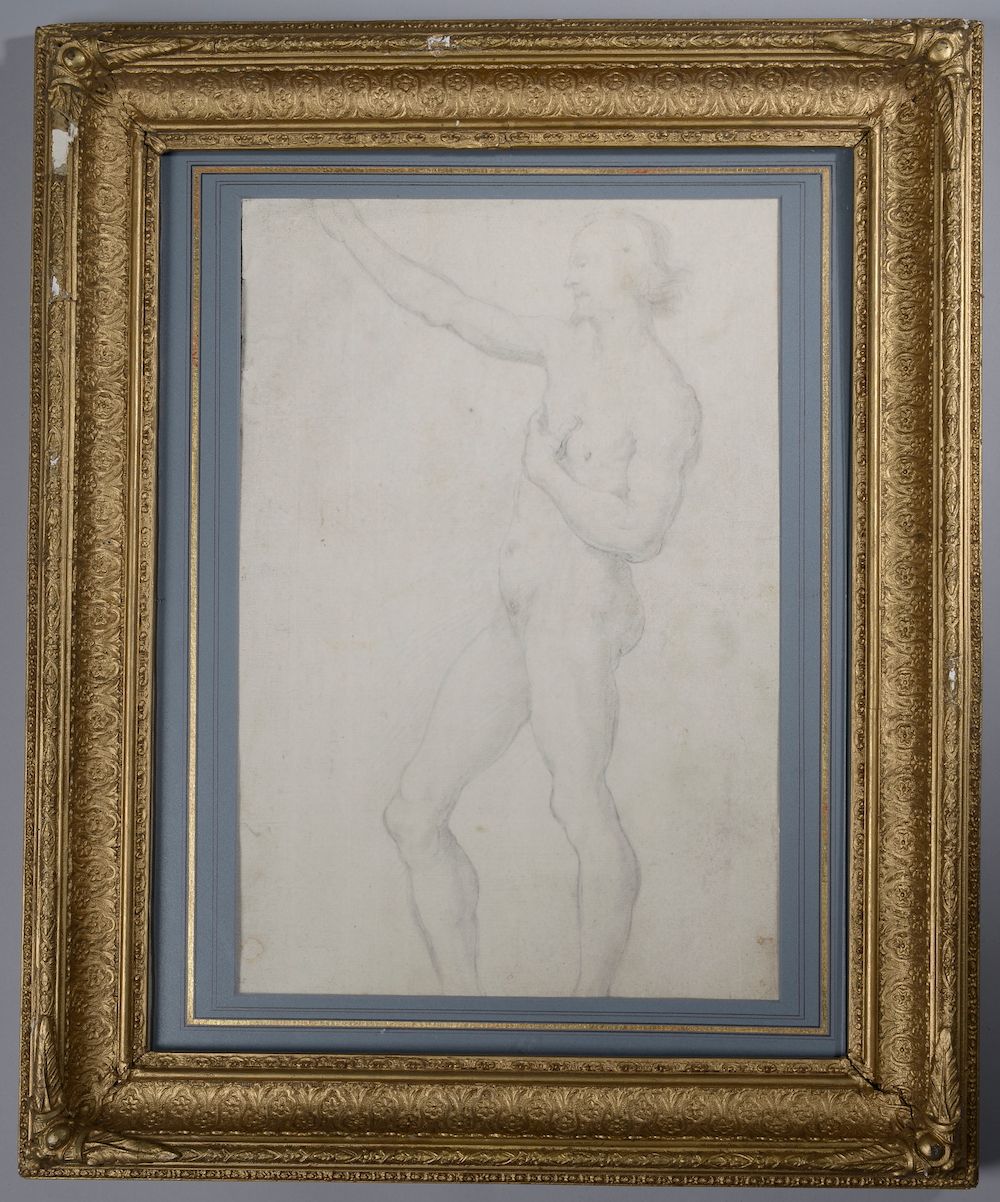 Null 17世纪的意大利画派。

正面：裸体男人的研究。

背面：《探望》，在Andrea del Sarto之后。

黑石（污渍）。

高度。39,5 cm&hellip;