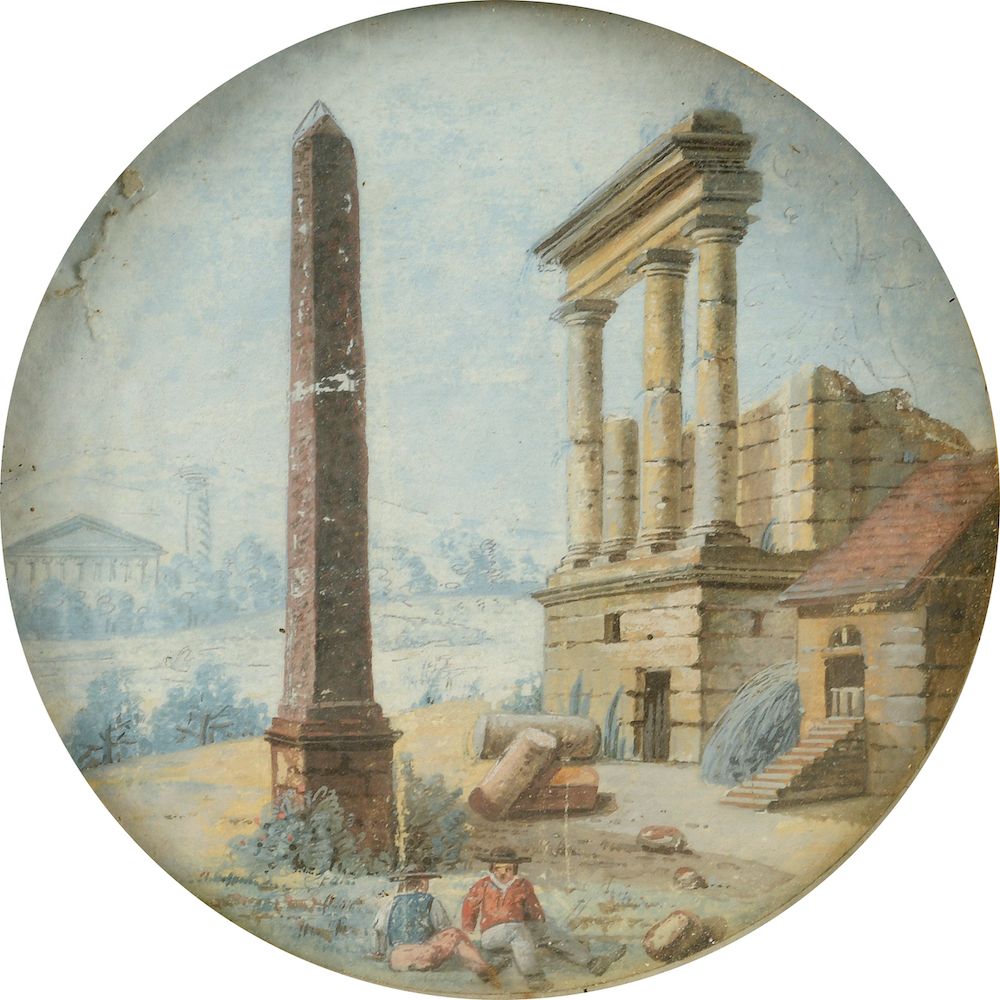 Null 19世纪初的法国学派。

古代废墟上有一个生动的方尖碑。

圆形水粉水彩画（小破损）

直径：13.5厘米（观看时）

木质框架和镀金的构图（框架上有&hellip;