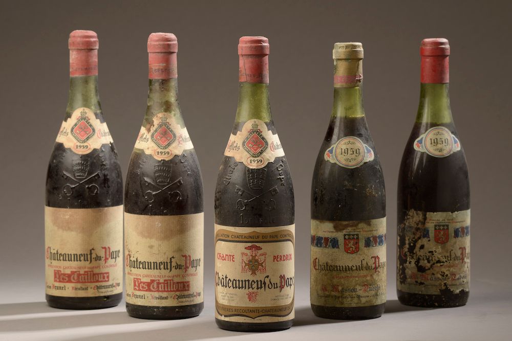 Null 5 Flaschen CHÂTEAUNEUF-DU-PAPE 1959 (1 Nicolet TLB, 2 Les Cailloux, L. Brun&hellip;