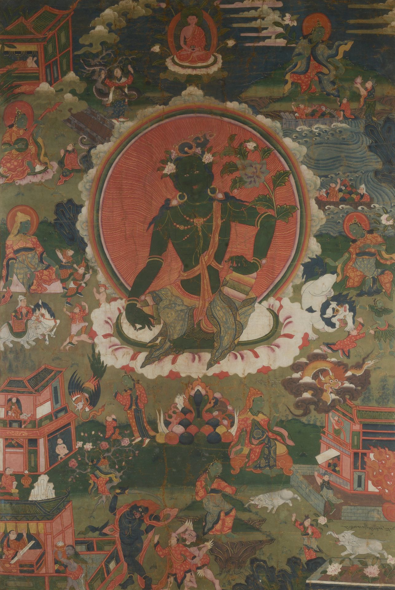 Null TIBET - 19世纪。

唐卡，画布上的钢笔画 绿度母坐在中央，前面是红色的曼陀罗，周围是恶魔、蛇和狮子吞噬的人物，上面是阿弥陀佛坐着（玻璃框下，&hellip;