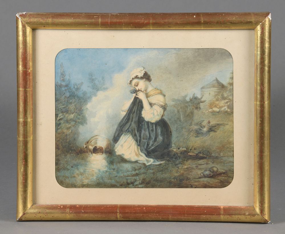 Null French school of the 19th century.

The broken jug.

Watercolour signed (?)&hellip;