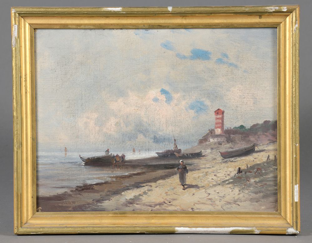 Null 19世纪诺曼学校。

有灯塔的热闹海滩。

布面油画，左下方有刻字签名的痕迹（磨损）。

高度：27厘米。27 cm - 宽度 : 35,5 cm