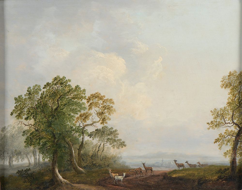 Null 巴斯利乌斯-格朗德曼（魏玛，1726-埃斯特哈萨，1798）。

风景中的百灵鸟和雄鹿。

橡木板上的油画，一块木板，没有镶板，

右下方有签名和日期&hellip;
