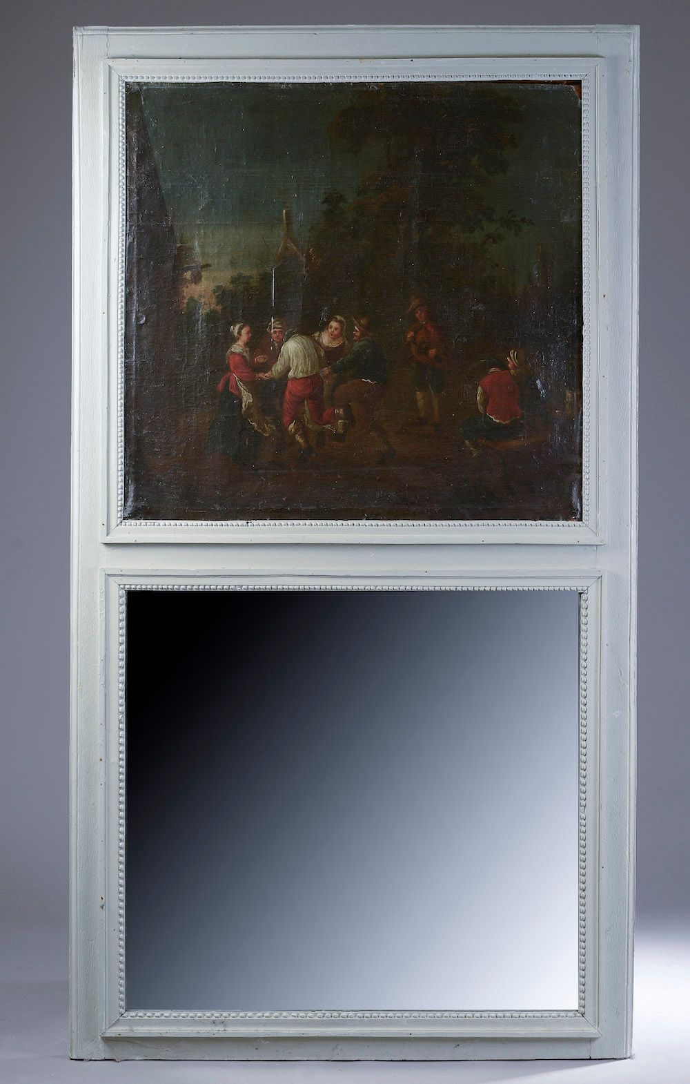 Null Trumeau en bois relaqué gris à un miroir surmonté d'une huile sur toile rep&hellip;