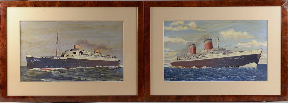 Null N.CHABERT（20世纪）。

欧罗巴号和美国号邮轮。

两幅已签名的水粉画。

高度：29厘米。29厘米 - 长度：49厘米（视线）。