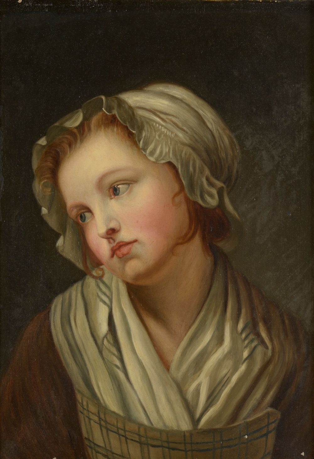 Null 19世纪法国画派在Jean-Baptiste Greuze之后的作品。

戴着帽子、低着头的年轻女孩。

布面油画，画框上有供应商Lefrancs的印&hellip;