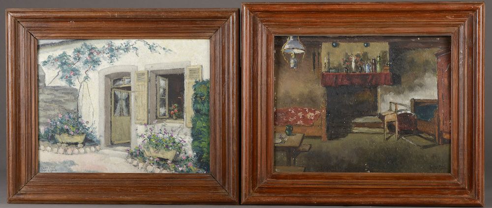 Null 让-保罗-吉尼戈特（1918-2009）。

有壁炉的室内；开花的入口。

两幅板面油画，底部有签名（第一幅稍有缺失）。

高度25.5厘米 - 宽度&hellip;