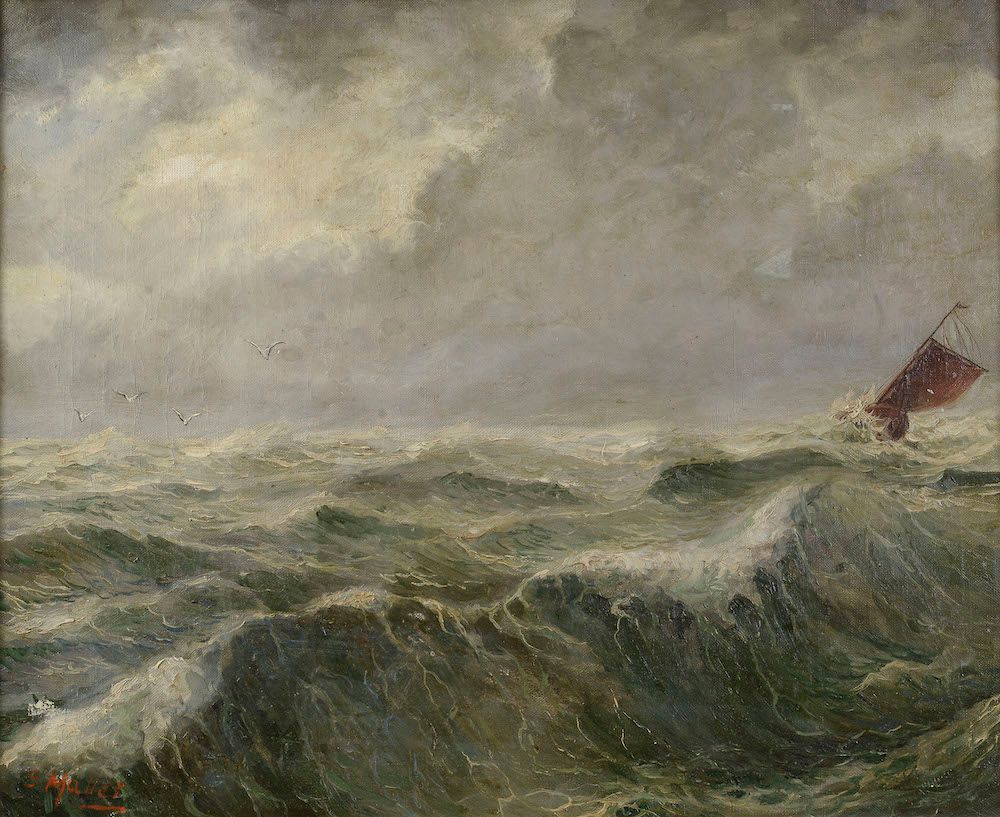 Null S.MALLET（19世纪）。

风暴中的船只。

左下角有签名的布面油画。

高度：50厘米-宽度：61厘米。50 cm - 宽度 : 61 cm