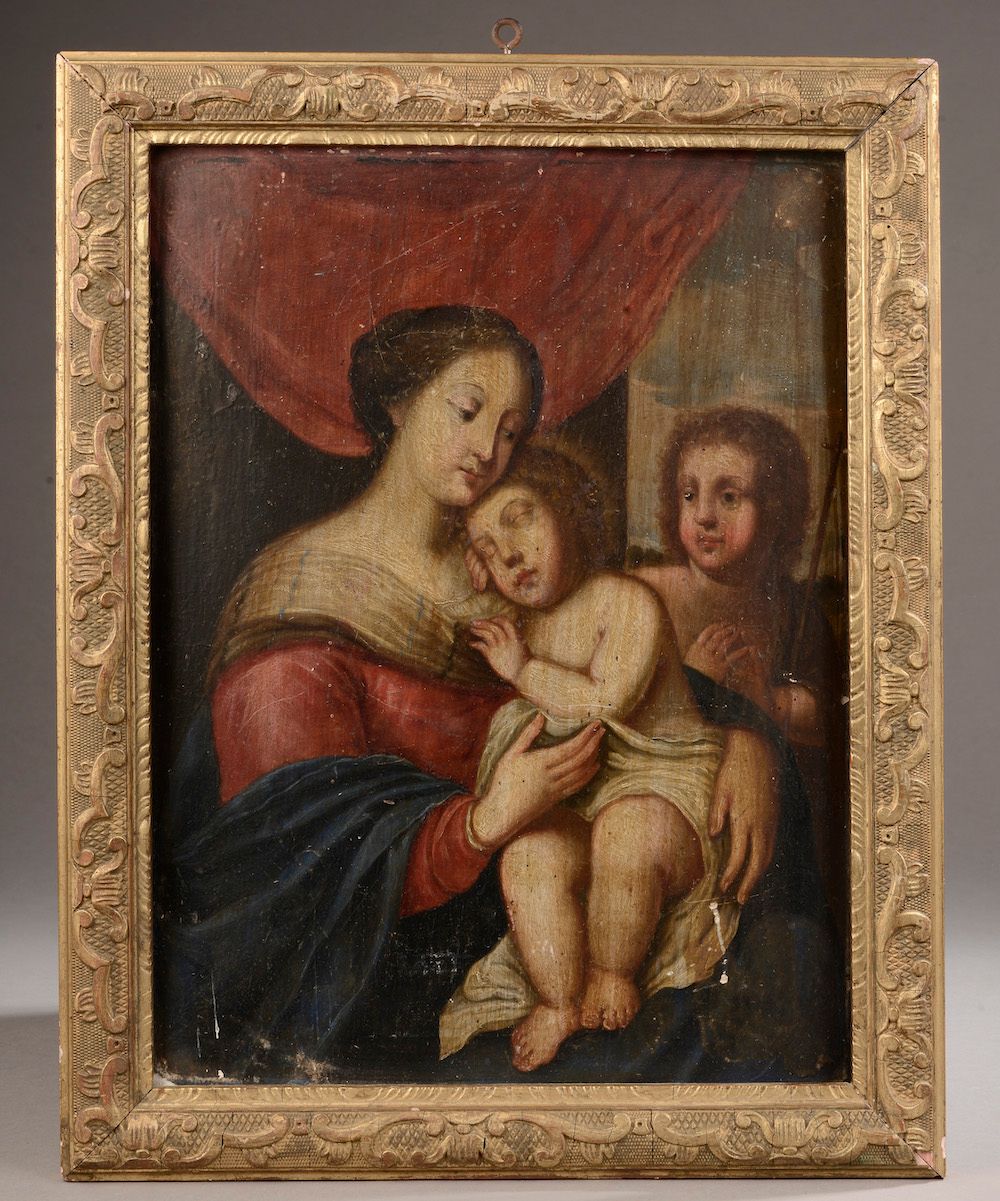 Null 
Ecole du XVIIIe siècle.

Vierge à l'enfant avec saint Jean-Baptiste.

Huil&hellip;