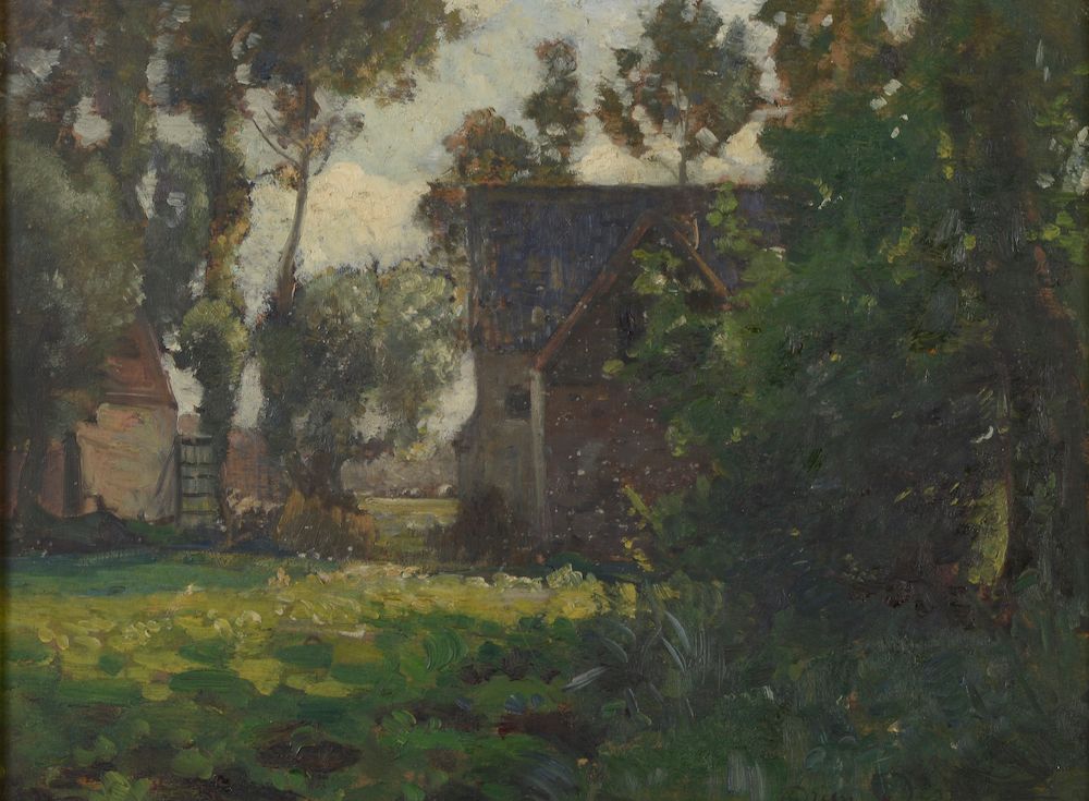 Null Adrien DEMONT (1851-1928). 

 Paisaje en la granja.

Óleo sobre tabla firma&hellip;