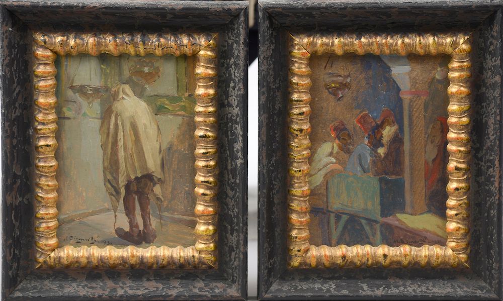 Null 莫里斯-比斯蒙斯（1891-1965）。

突尼斯的生活场景。

两幅纸板油画，底部有签名和1931年的日期。

高度：17厘米 - 长度：12.5厘&hellip;