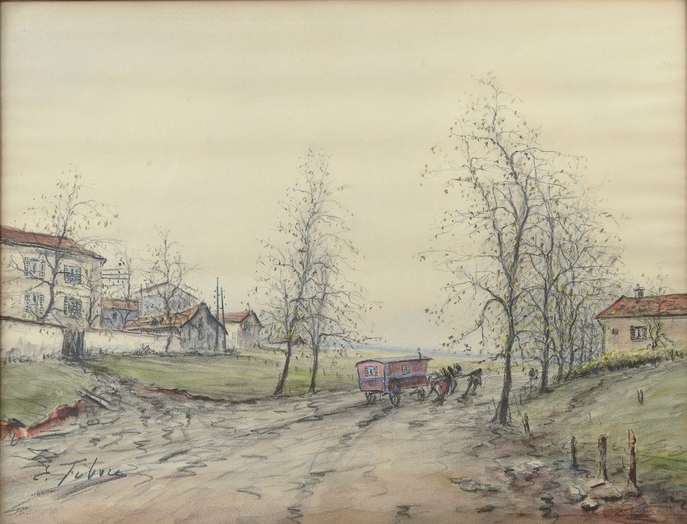Null Édouard FEBVRE (1885-1967). 

 Veduta di un villaggio con una roulotte.

Ac&hellip;