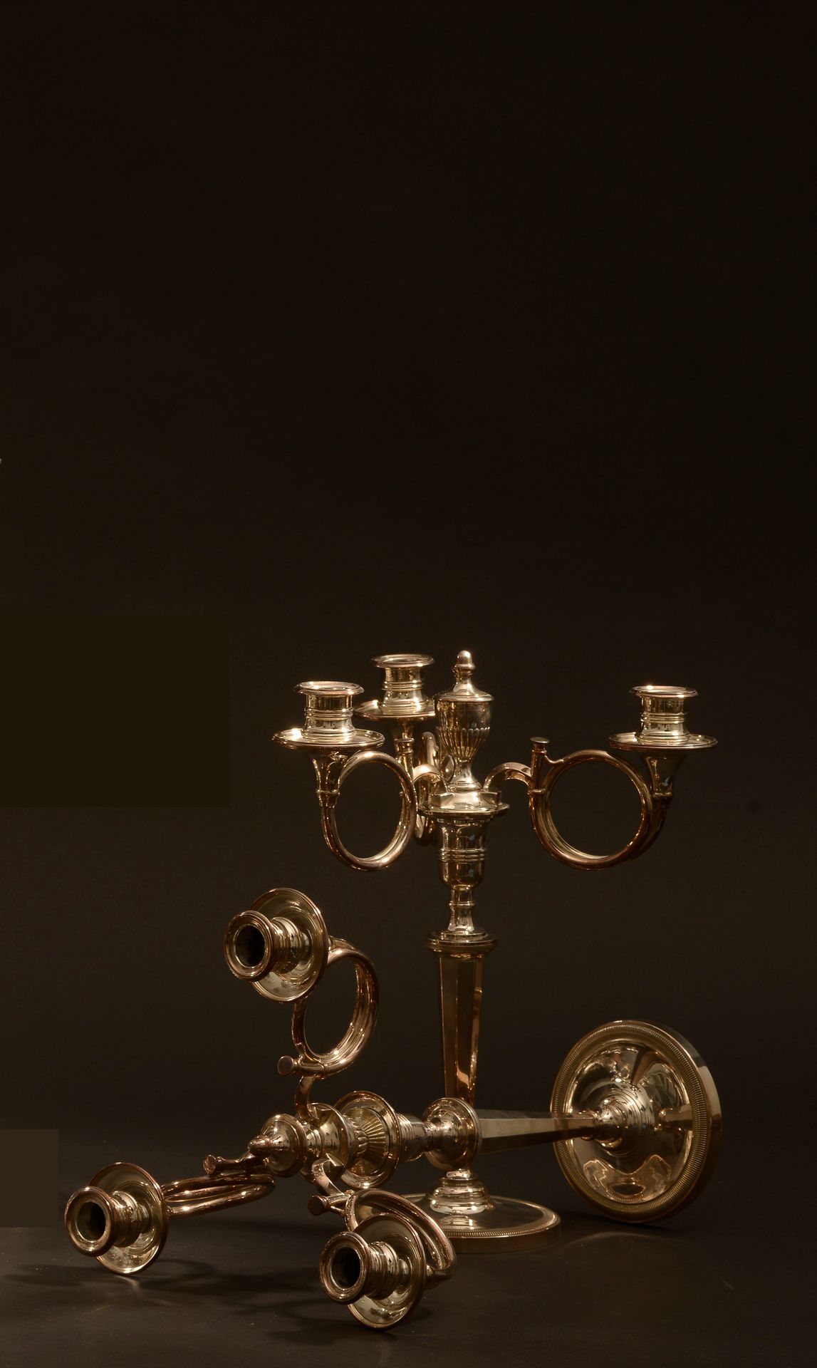 Null 一对镀银的烛台，有三个光臂，呈狩猎角状。可移动的花束由一个镶板的轴支撑着，放在一个有精美装饰物的圆形底座上。

英国，20世纪。

高度：36厘米。高&hellip;
