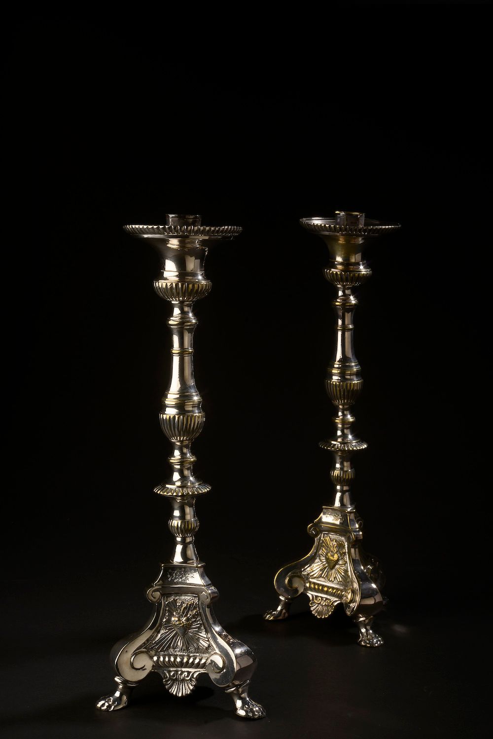 Null Pair of silver plated torches, the baluster shaft underlined by gadroons, t&hellip;