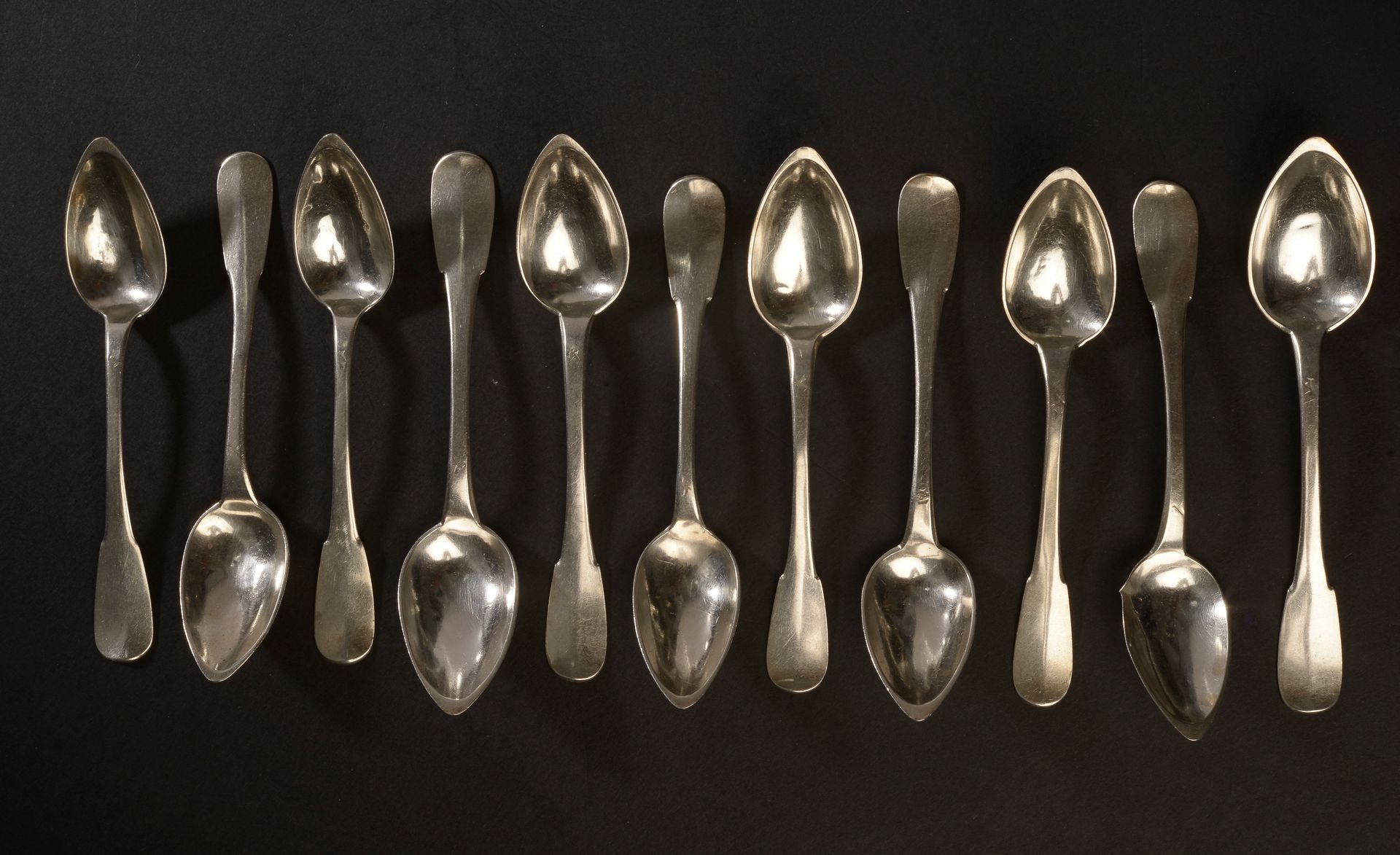 Null Eleven silver teaspoons, uni-flat model, the spatula engraved with the numb&hellip;