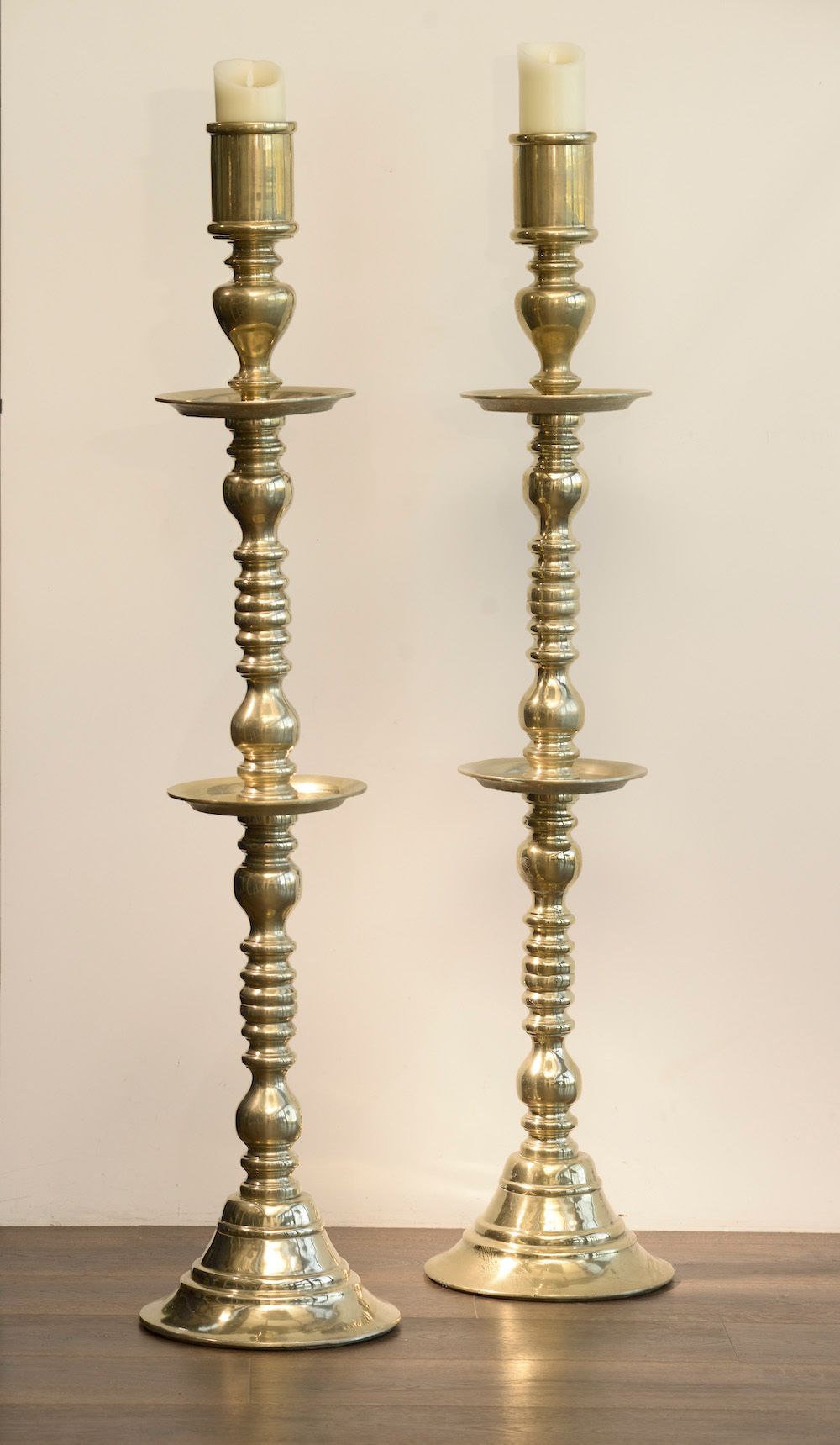 Null Pair of large brass torches, the baluster shaft with two trays.

Modern wor&hellip;