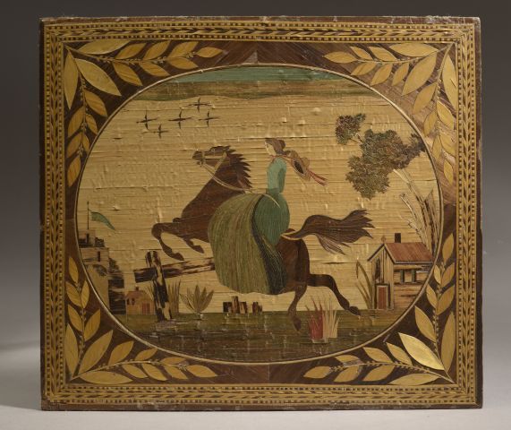 Null Tableautin recto-verso in straw marquetry with a rider and a landscape on t&hellip;