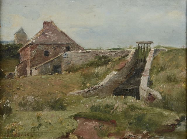 Null 埃德蒙-埃米尔-拉博纳（1837-1913）。

带有磨坊的景观。

左下角有签名的面板油画。

高度：24厘米。24 cm - 宽度 : 32 cm
