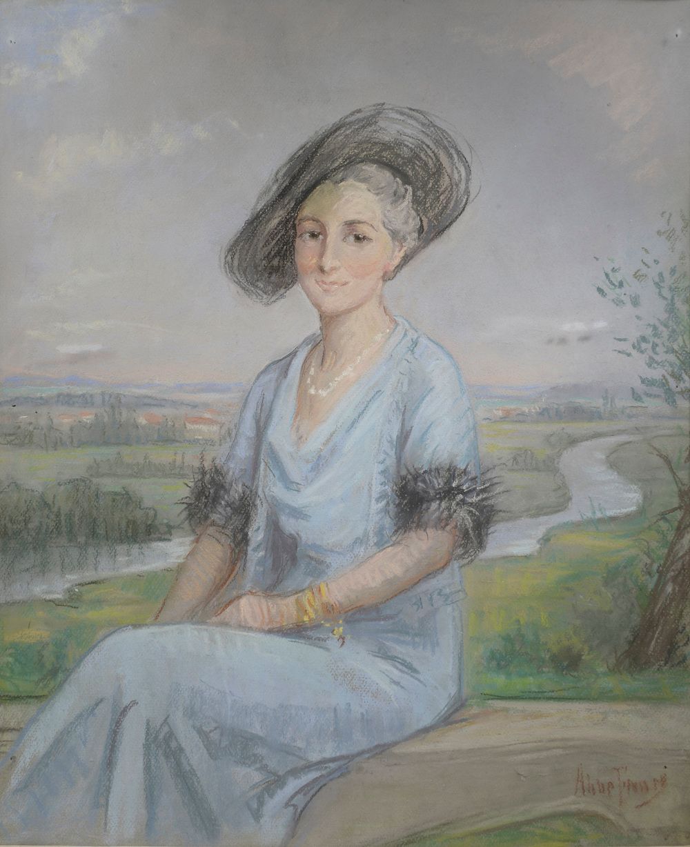 Null 1920年左右的法国学校。

一个优雅的女人在风景前的肖像。

粉彩画，右下角有签名。

高度：55厘米55 cm - 宽度 : 46 cm