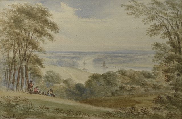 Null École du XIXe siècle.

"River walley with boaths".

Aquarelle signée en ba&hellip;