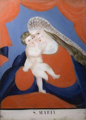 Null 圣母与圣婴。

洛林。18或19世纪。

固定在玻璃下。

高度：32厘米32 cm - 宽度 : 23,5 cm