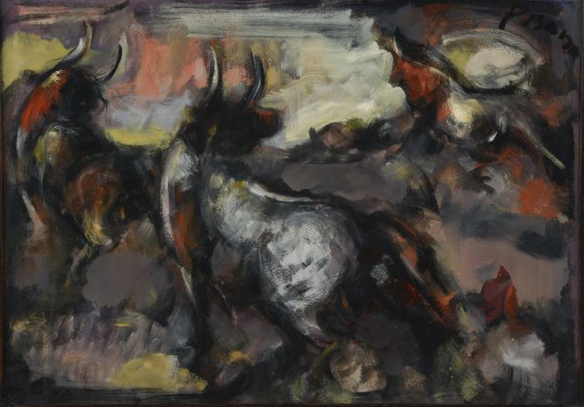 Null 爱德华多-皮萨诺（1912-1986）。

三只公牛在一个马纳德。

纸上油画，裱在纸板上，右上方有签名。 高度：37厘米。37厘米 - 宽度：53厘&hellip;