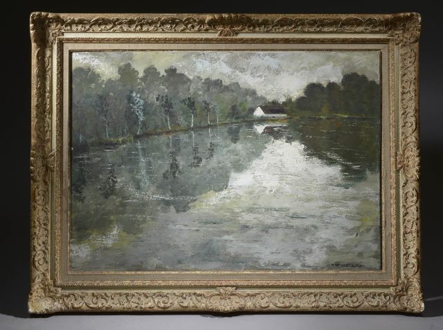 Null 圣-阿尔班（1913-2015）。

水边的房子。

布面油画，右下角有签名。

高度：65厘米。65 cm - 宽度：92 cm