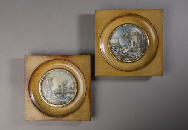 Null 在克劳德-约瑟夫-韦尔内（1714-1789）之后。

"风暴下的农妇 "和 "早晨"。

两幅圆形彩绘微缩图，背面用铅笔标明标题。

19世纪。

&hellip;