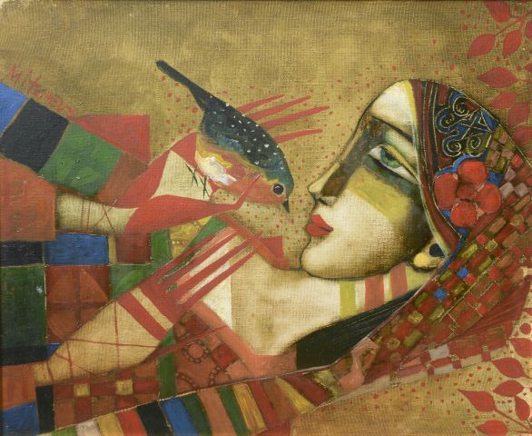 Null 彼得-米切夫（1955）。

"带鸟的祈祷"。

布面油画，左下方有签名，背面有标题。

高度：46厘米。46 cm - 宽度： 38 cm