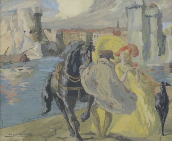 Null 让-迪迪埃-图尔内（1882-1967）。

拉罗谢尔港口前的情侣和黑马。

卡片上的水粉画，左下角有签名，背面注有 "1945年绘画沙龙 "字样。
&hellip;