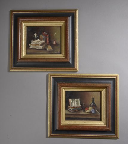 Null 安德烈-博雷尔（生于1912年）。

有书的静物。

两幅油彩画，右下角有签名。

高度：8厘米。8 cm - 宽度： 10 cm