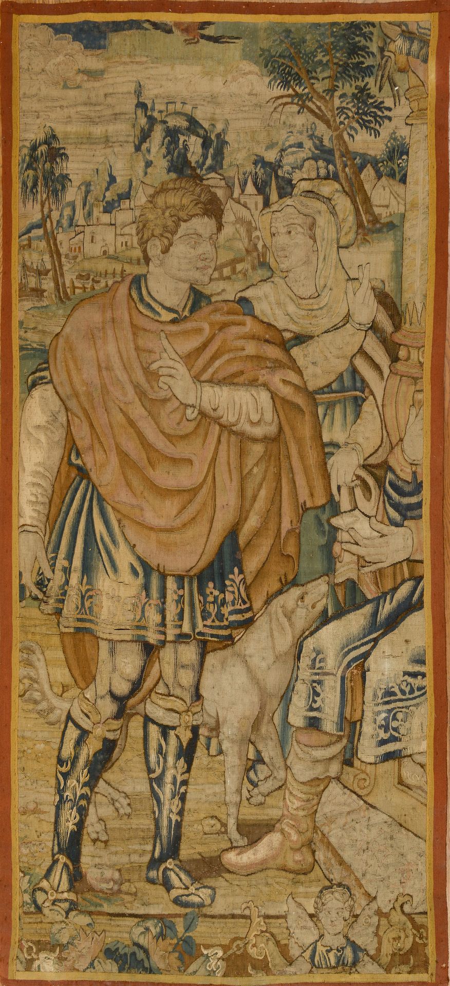 Null 精美的羊毛和丝绸挂毯，描绘了罗马将军提图斯（未来的罗马皇帝）和犹太公主贝里尼斯在犹大战争期间的情景。挂毯已被修剪成辫子状（维修修复）。法兰德斯，布鲁塞&hellip;
