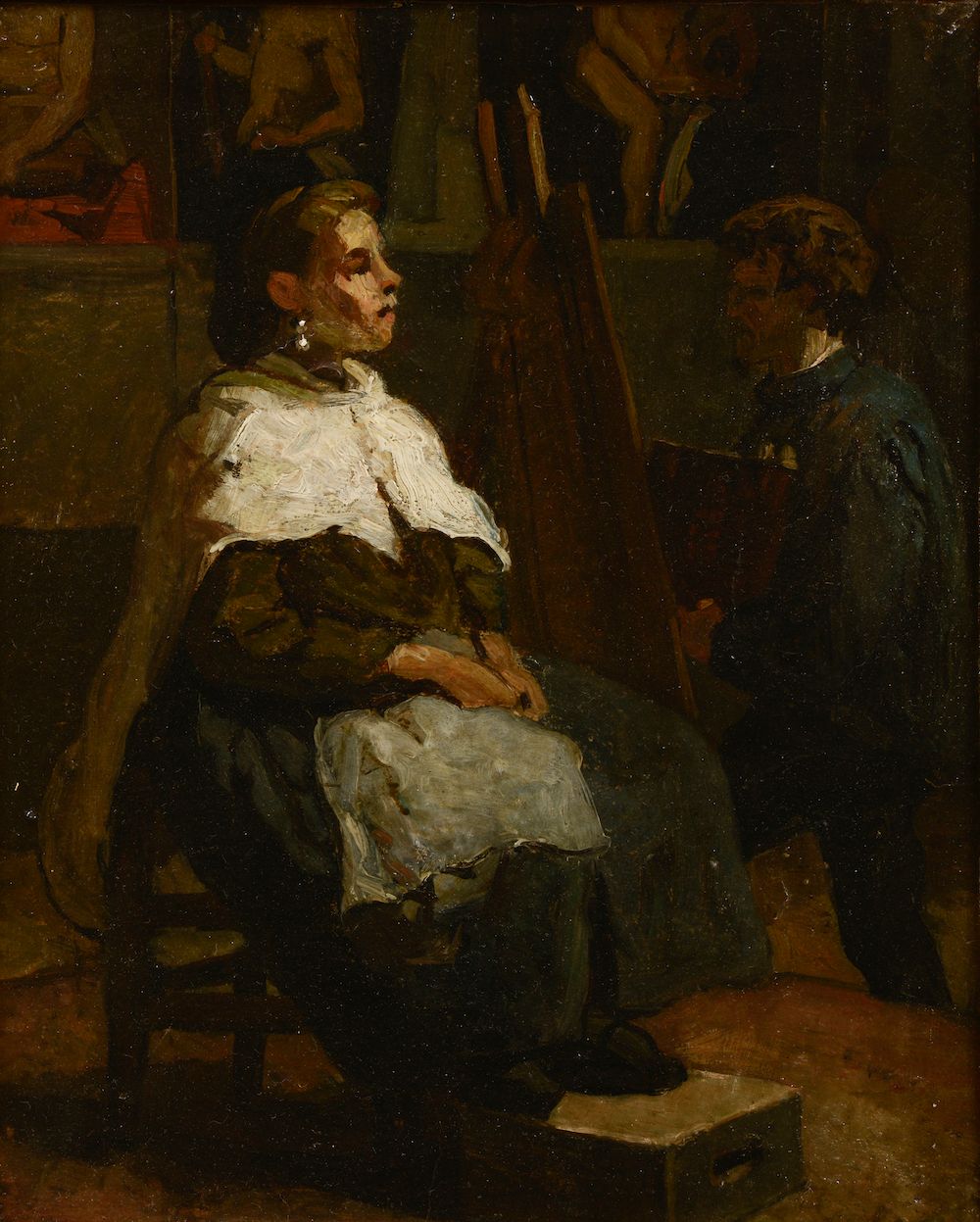 Null Scuola del XIX secolo.

Il pittore e la sua modella.

Olio su carta montato&hellip;