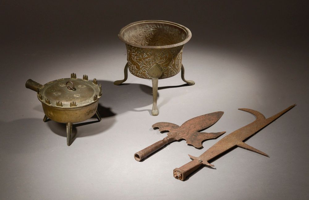 Null Set including a brazier, a bowl resting on three feet and two metal halberd&hellip;