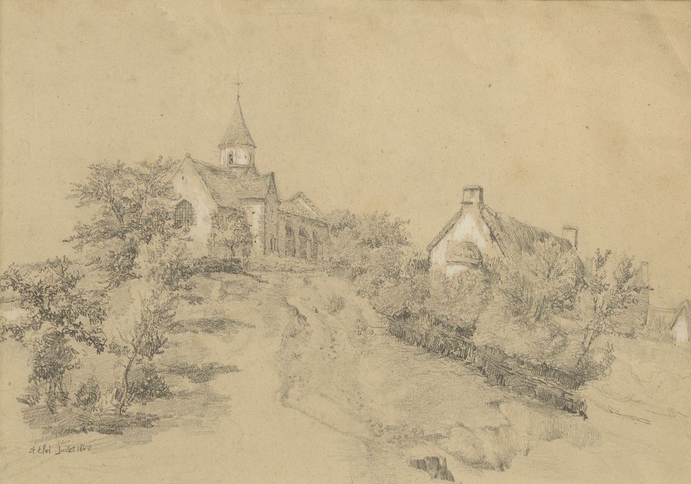 Null 19世纪的法国学校。

茅屋和教堂。

纸上石墨，位于Saint-Eloi，左下角有1840年7月的日期。

高度：24厘米。24 cm - 宽度 :&hellip;