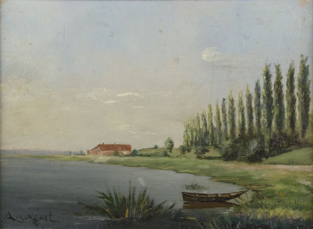 Null A.VACHET（20世纪）。

有湖的风景。

布面油画，左下方有签名。

高度：26.5厘米。26,5 cm - 宽度 : 35,5 cm
