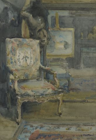 Null 路易斯-蒙塔纳（1879-1960）。

路易十五扶手椅。

水彩画，右下方有签名。

高度：44厘米。44 cm - 宽度 : 30 cm (视线)