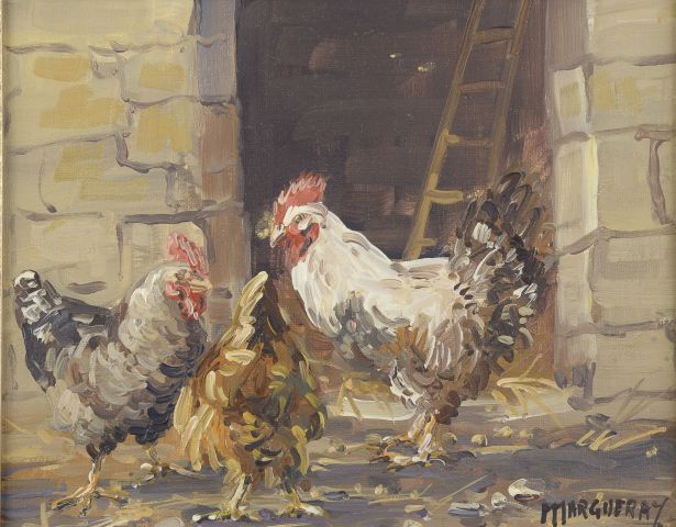Null 米歇尔-马奎雷（生于1938年）。

鸡和公鸡。

布面油画，右下角有签名。

高度：22厘米。22 cm - 宽度: 27 cm