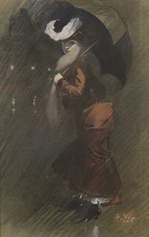 Null 雅克-韦利（1873-1910）。

在雨中奔跑。

混合媒体（木炭、粉彩和水粉高光），纸上签名，右下角有日期（边缘有小裂缝）。

高度：44厘米44&hellip;