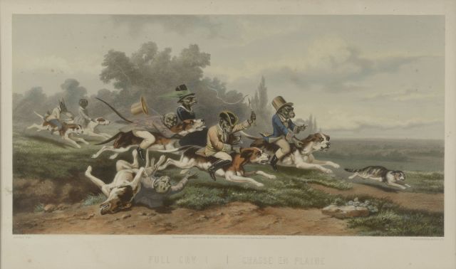 Null 19世纪英国学派，继马蒂纳斯和奥施维勒之后。

"平原上的狩猎 "和 "奔向钟楼"。

一对彩色雕版画（点蚀）。

高度：44.5厘米44,5 cm &hellip;