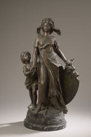 Null 仿照伊波利特-弗朗索瓦-莫罗（1832-1926）。

一个女人和一个孩子，手持写有 "人人为我，我为人人 "字样的牌匾，这组铜质的雷古拉图案。在一个&hellip;