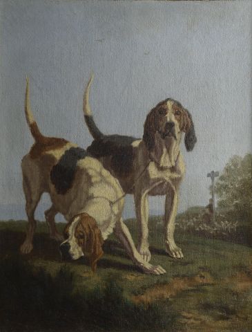Null 19世纪的学校。

两条猎犬。

布面油画（旧的修复）。

高度：36厘米。36厘米 - 宽度：28厘米
