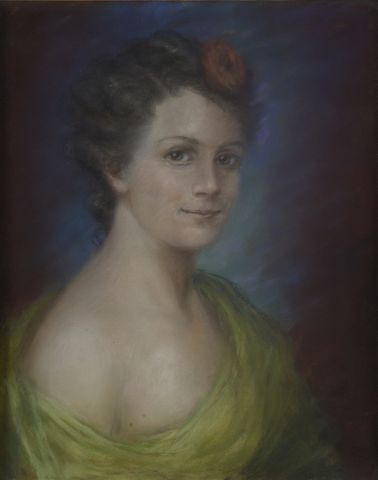 Null 20世纪的法国学校。

一个带着玫瑰的女人的肖像。

粉笔画。

高度：41厘米41 cm - 宽度 : 33 cm