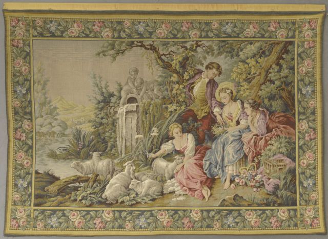 Null 机械挂毯，多色装饰的18世纪风格的田园风光，边框装饰有花环，周围有珍珠楣。

高度：116.5厘米116.5 cm - 宽度 : 159 cm