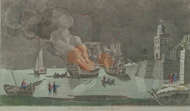 Null 一套四幅19世纪和20世纪的有框彩色版画（有瑕疵，有污点），代表了:

- "麦西纳港的韦塞克斯起火";

- "Paquebot courant a&hellip;