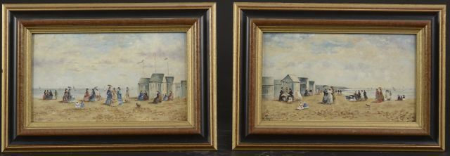 Null 安德烈-博雷尔（生于1912年）。

诺曼底海岸上的动画海滩。

两幅布面油画，左下方有签名。

高度：14.5厘米。14.5厘米 - 宽度24厘米