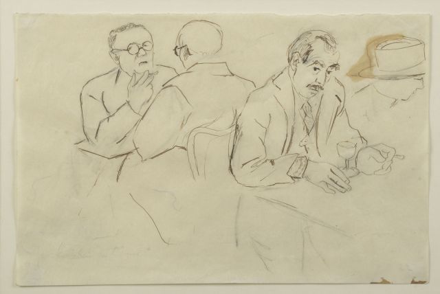 Null 归功于伊迪丝-奥尔巴赫（1893-1956）。

萨特和福吉塔在Dôme小酒馆的露台上。

棕色墨水和铅笔在纸上（有污点），注有 "au Dôme"。&hellip;