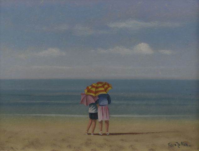 Null 弗雷德-泽勒（1912-2003）。

"阳伞之吻"。

油画右下方有签名，背面有标题。

高度：38厘米。38 cm - 宽度： 29 cm