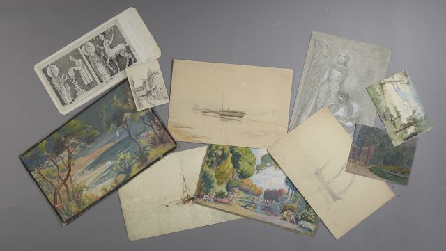 Null 一套10幅铅笔画或水彩画，特别是表现花园、海滨和海景的景色（点蚀，有缺损），其中一幅是埃多纳多-费德里科-德-马蒂诺（1838-1912）的作品。它还&hellip;